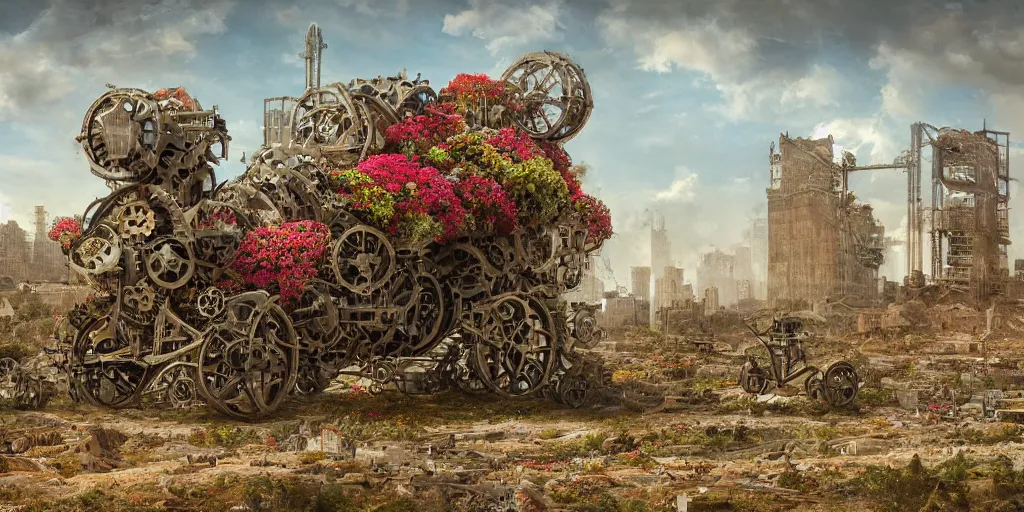 Image similar to a giant mechanical structure made of many machine parts and buildings and flowers on wheels moving through a desolate landscape, hyperrealism, highly detailed