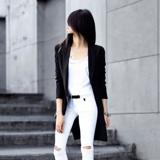 Image similar to korean outfit style black blazer, white tshirt, black jean and black yeezy 450 dark slate in real life, pinterest, 4k high quality