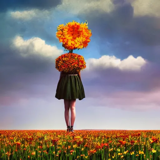 Image similar to woman with a flower head standing in flower field, surreal photography, photo manipulation, sunrise, impressionist painting, colorful clouds, artstation, simon stalenhag