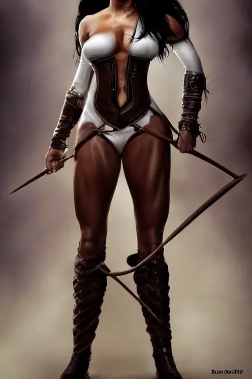 Prompt: fantasy genre portrait, photographic. imposingly tall, broad, muscular woman. half black half arab. dark skin. face like kendall jenner. white streak in hair over left ear. modest practical buckskin leather clothing. massive hypertrophy. 3 0's. ranger.