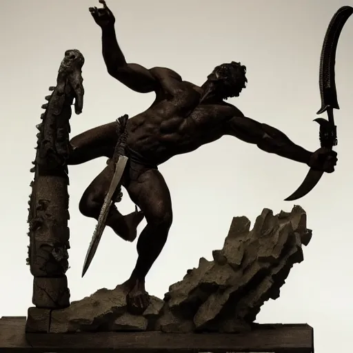 Image similar to The kinetic sculpture depicts the mythical hero Hercules in the moments after he has completed one of his twelve labors, the killing of the Hydra. Hercules is shown standing over the dead Hydra, his body covered in blood and his right hand still clutching the sword that slew the beast. His face is expressionless, betraying neither the exhaustion nor the triumph that must surely accompany such a feat. warm indigo by Serge Marshennikov, by Marco Mazzoni energetic