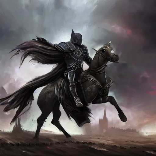 Prompt: dread knight on a battlefield, artstation hall of fame gallery, editors choice, #1 digital painting of all time, most beautiful image ever created, emotionally evocative, greatest art ever made, lifetime achievement magnum opus masterpiece, the most amazing breathtaking image with the deepest message ever painted, a thing of beauty beyond imagination or words
