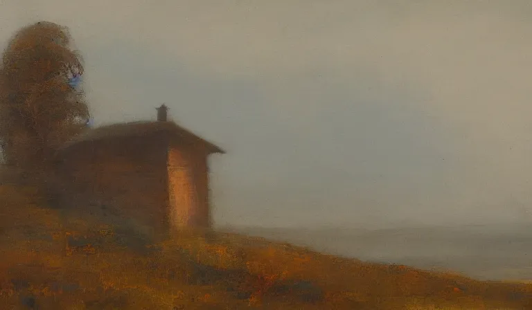 Prompt: A serene landscape with a singular building in the style of Philippe Manchu Bouchet.