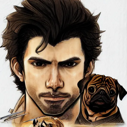 Image similar to self portrait, young white hispanic handsome man with short light brown hair and light skin and a 5 o clock shadow and holding a pug while fighting against 2 swordsmen pencil art, added detail, high definiton, colored, backfacing, illustrated by yoji shinkawa