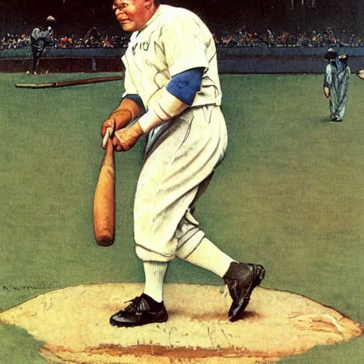 Image similar to a portrait painting of Babe Ruth. Painted by Norman Rockwell