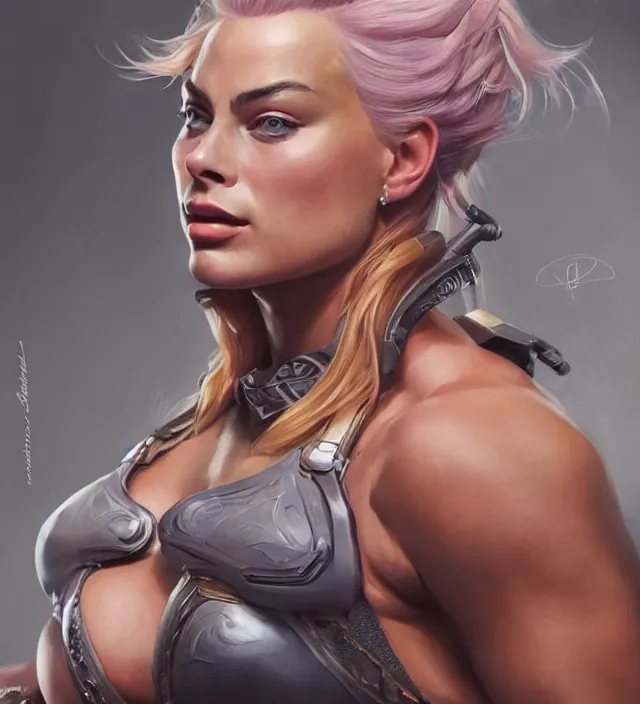 Image similar to detailed portrait of margot robbie as a thick female bodybuilder zarya from overwatch, attractive, beautiful, fantasy, intricate, elegant, highly detailed, digital painting, artstation, concept art, matte, sharp focus, illustration, art by aenaluck, artgerm and roberto ferri and greg rutkowski, epic fantasy, digital painting