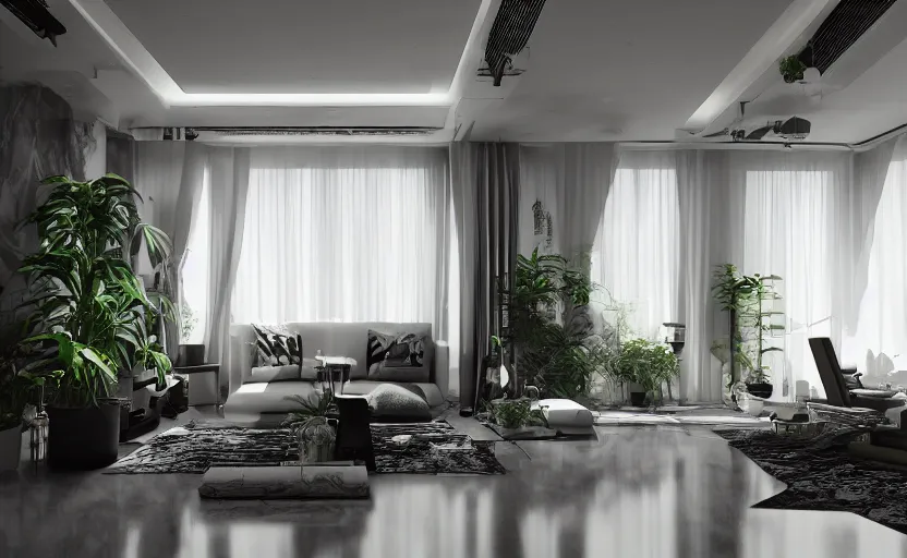 Image similar to a stylish apartment interior, high tech, marble floors, plants, warm moody lighting, wide angle lens, low level view, in the style of blade runner, trending on artstation, 8k,