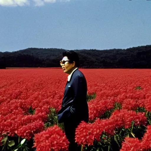 Image similar to Kim Jong-il in a vast field, monster movie filmstill, underexposed cinemascope