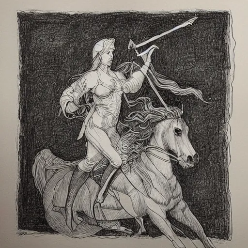 Image similar to “8k ink drawing of Diana huntress, Horses in run, intricate in style of Michelangelo and Albrecht Durer, hand made paper”