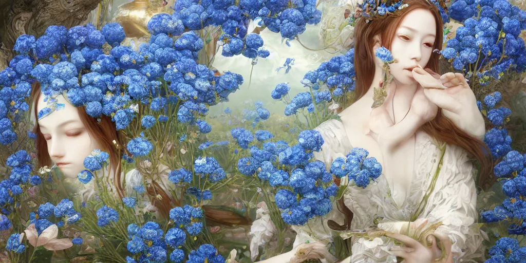 Image similar to breathtaking detailed concept art painting of the goddess of nemophila flowers, orthodox saint, with anxious, piercing eyes, ornate background, amalgamation of leaves and flowers, by Hsiao-Ron Cheng, James jean, Miho Hirano, Hayao Miyazaki, extremely moody lighting, 8K