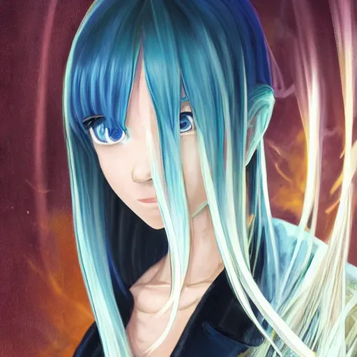 Image similar to profile shot of rimuru tempest, sky blue, straight hair, long bangs, | gold colored eyes | wearing a black jacket with white stripes, very high collar, highly detailed, unreal engine 5, digital painting, cinematic, wlop | artgerm, pixiv, yoshitaka amano, greg rutkowski, ilya kuvshinov, andy warhol