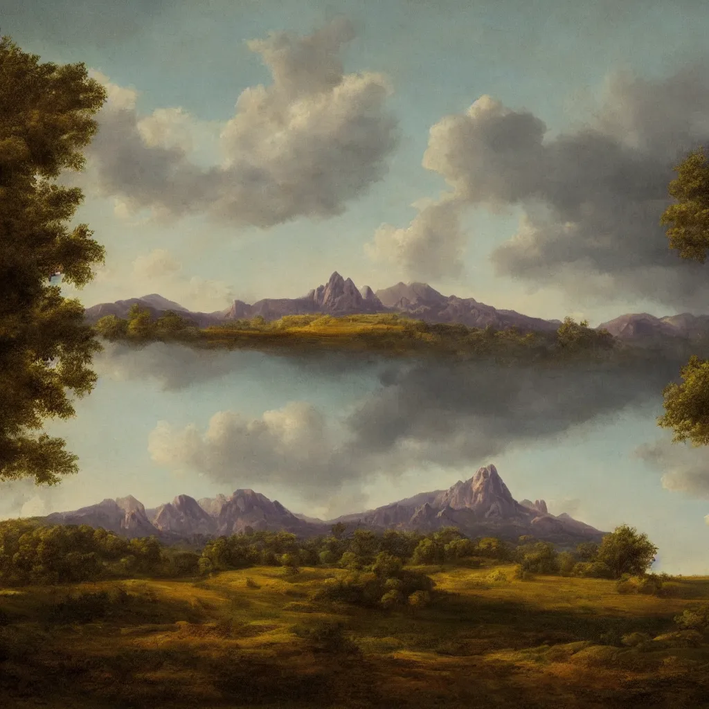 Image similar to a wide angle landscape of a praire with a very large thin spire mountain in the distance in the style of rococo digital painting