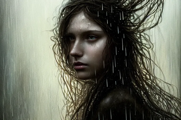 Image similar to portrait of a girl in the rain with wet hair and face, fantasy, intricate, elegant, dramatic lighting, emotionally evoking symbolic metaphor, highly detailed, lifelike, photorealistic, digital painting, artstation, concept art, smooth, sharp focus, illustration, art by John Collier and Albert Aublet and Krenz Cushart and Artem Demura and Alphonse Mucha