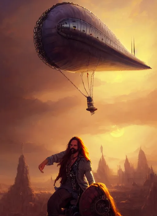 Image similar to portrait painting of a handsome rugged long hair crimson hair male pirate, top half portrait soft hair steampunk ornate zeppelin blimp airship in the background sky sunset golden hour art by raphael lacoste and stephan martiniere greg rutkowski gaston bussiere fantasy soft hair trending on artstation deviantart book cover art dramatic volumetric lighting, 4 k, award winning