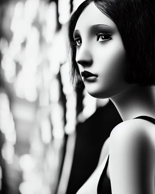 Image similar to black and white dreamy young beautiful female artificial intelligence, metropolis, cinematic, rim light, bokeh, photo - realistic, elegant, high detail, 8 k, masterpiece, photo taken in 1 9 3 0