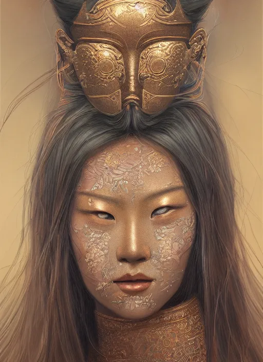 Prompt: a beautiful detailed oil on copper art illustration of a japanese okame mask woman, centered, by charlie bowater, zeng fanzh, trending on artstation, dim dusk lighting, cinematic lighting, detailed lighting, volumetric lighting, realistic, f 8, 4 k hd wallpaper