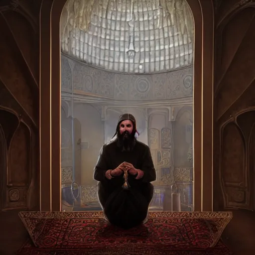 Image similar to portrait grigori rasputin praying in the mosque, wlop, james jean, tom bagshaw, rococo, trending on artstation, fantasy, intricate, elegant, highly detailed, digital painting, concept art, smooth, illustration, cinematic lighting, hyper realism, octane render, 8 k, hyper detailed.