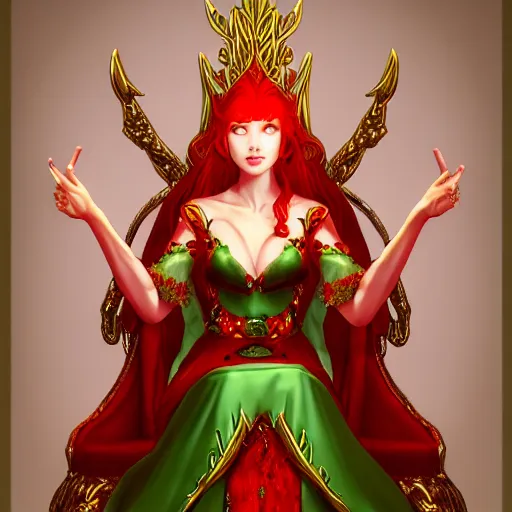 Image similar to Portrait of a red-haired beautiful elven queen in red, gold and green dress sitting on a throne. In style of Hyung-tae Kim, concept art, trending on ArtStation, Korean MMORPG.