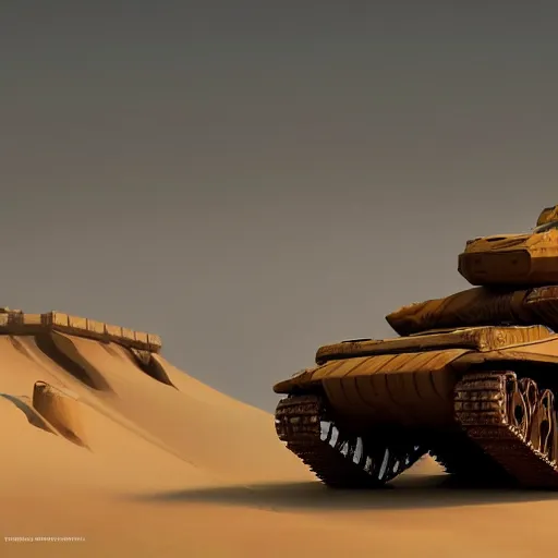 Image similar to futuristic tank in the dunes of desert by Yaroslav Kononenko, atmospherical, sand storm, concept art, high detail, sci-fi, cinematic, Artstation trending, octane render