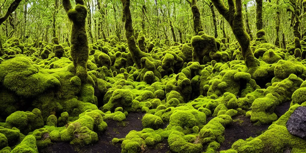 Image similar to photo of a landscape with lush forest, wallpaper, very very wide shot, iceland, new zeeland, green flush moss, national geographic, award landscape photography, professional landscape photography, iwagumi design, sharp rocks, ancient forest, sunny, day time, beautiful