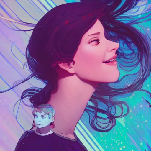 Image similar to gazing into the gorgeous face of infinity, laughing at the absurdity of it all, ambient lighting, 4 k, lois van baarle, ilya kuvshinov, rossdraws, alphonse mucha, jung gi kim, artstation