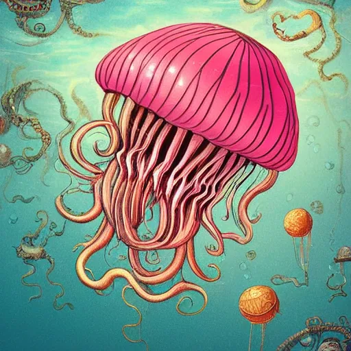 Prompt: hyperdetailed modern childrenbook illustration of a maximalist voluptuous elegant huge baroque pinkish jellyfish, swimming in the ocean. with interesting steampunk details. seen from the distance. hd matte halo