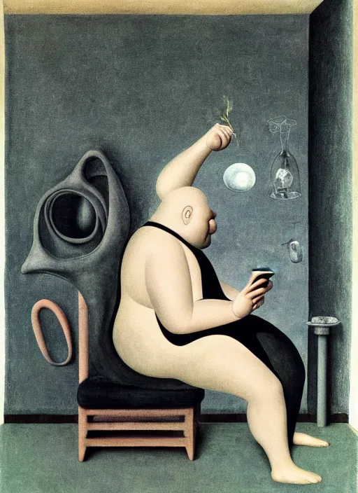 Image similar to fat man sitting on chair looking at his smartphone, hysterical, sweat, fat, frustrated, art by gertrude abercrombie hans bellmer and william blake