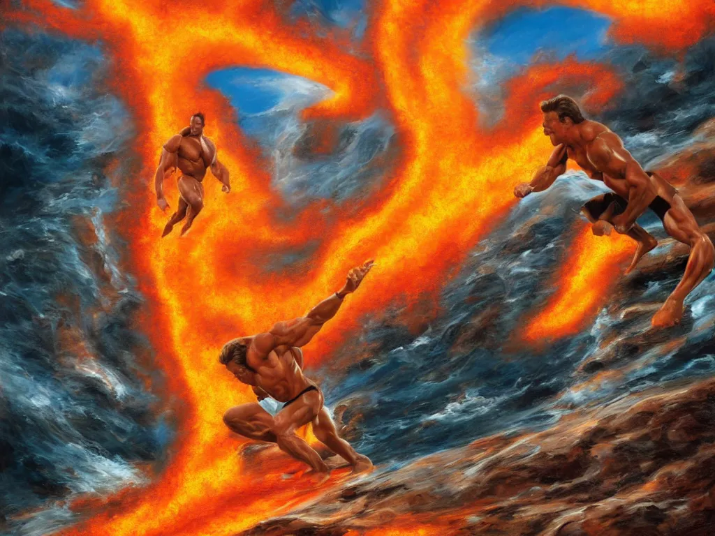 Image similar to arnold schwarzenegger surfing on lava wave by boris vallejo, stunning scene, 8 k, digital painting, hyperrealism, bright colors, trending on artstation