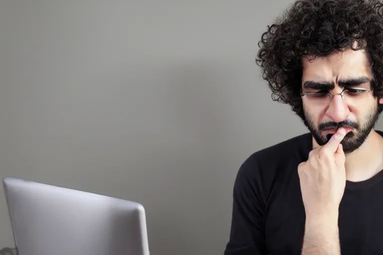 Prompt: an annoyed curly - haired persian guy programmer - n 9