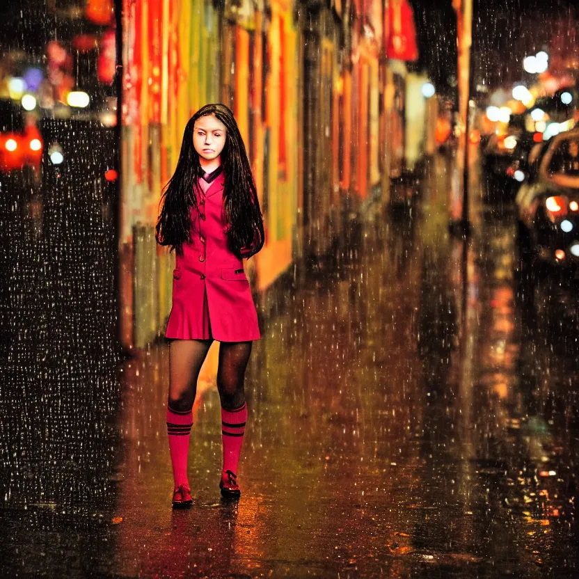 Image similar to night flash portrait photography of a high school girl in uniform on the lower east side by annie leibovitz, colorful, nighttime!, raining!