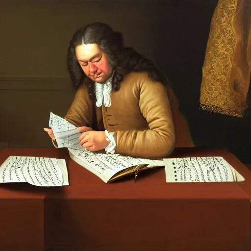 Image similar to highly detailed painting of bach writing a piece of music on a sheet of paper, he is inside of a wooden shack, 4 k resolution, by jaquis luis david, visible paint layers, renaissance.