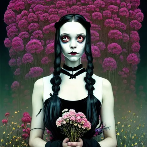 Prompt: a beautiful portrait painting of a ( gothic ) wednesday addams covered with flowers by simon stalenhag and pascal blanche and alphonse mucha!! and nekro!! and josan gonzalez in style of digital art. smooth illustration, film noirs, brush stroke, trichromatic colors, hyper detailed. octane render. trending on artstation