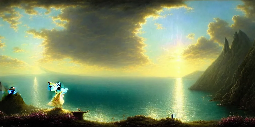 Prompt: an elegant fairy queen in a blue lace dress dancing looking out at a lord of the rings scenery landscape, staring across the sea at a sail boat, sunrise, god's rays highly detailed, vivid colour, soft clouds, floral sunset, cinematic lighting, perfect composition, gustave dore, derek zabrocki, greg rutkowski, belsinski