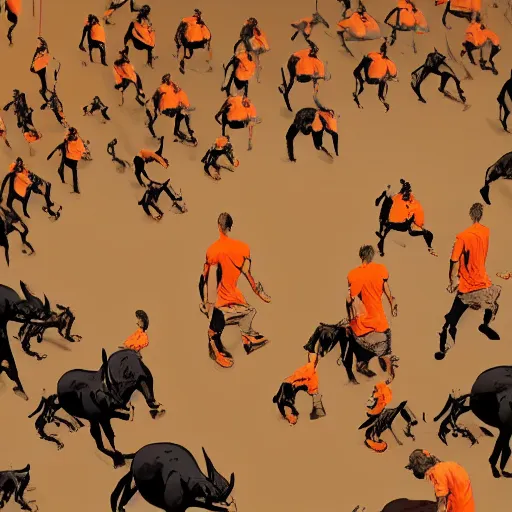 Image similar to man in orange t - shirt chased by big black bulls, concept design, contrast, kim jung gi, greg rutkowski, trending on artstation, 8 k, full body, turnaround, front view, back view, ultra wide angle