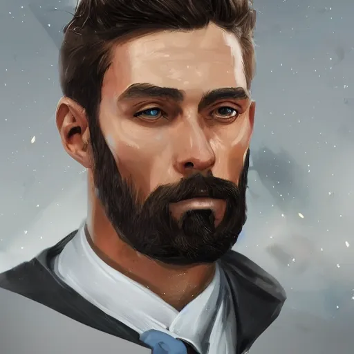 Image similar to portrait of a Germanic man with a beard and pilot’s suit, D&D, sci-fi, elegant, hopeful, muscular, highly detailed, digital painting, artstation, concept art, smooth, sharp focus, illustration