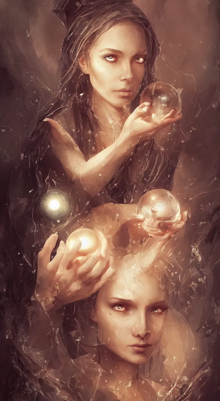 Image similar to one young witch with a crystal ball, true anatomy, detailed face, highly detailed, by greg rutkowski