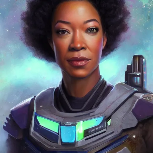 Prompt: a beautiful portrait of Sonequa Martin-Green a space bounty hunter by Thomas Kinkade trending on Artstation