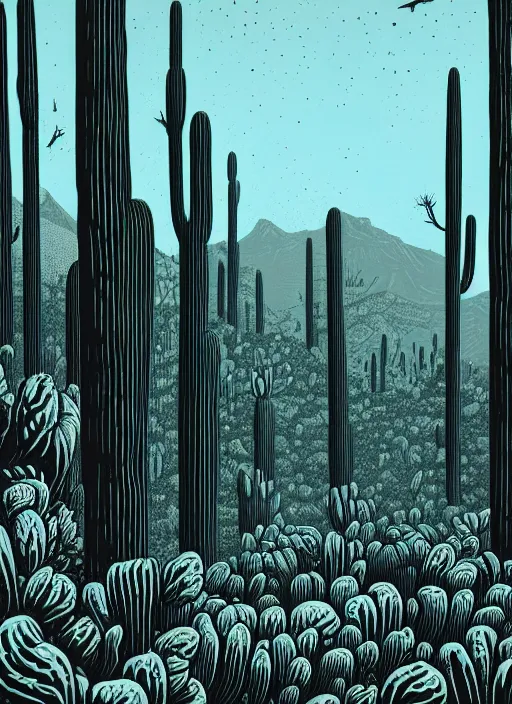 Prompt: art by brian reedy, a beautiful black ink linocut print of the giant cactus forest baja mexico, 8 k, frostbite 3 engine, cryengine, ground level shot, dof, trending on artstation, digital art, crepuscular ray