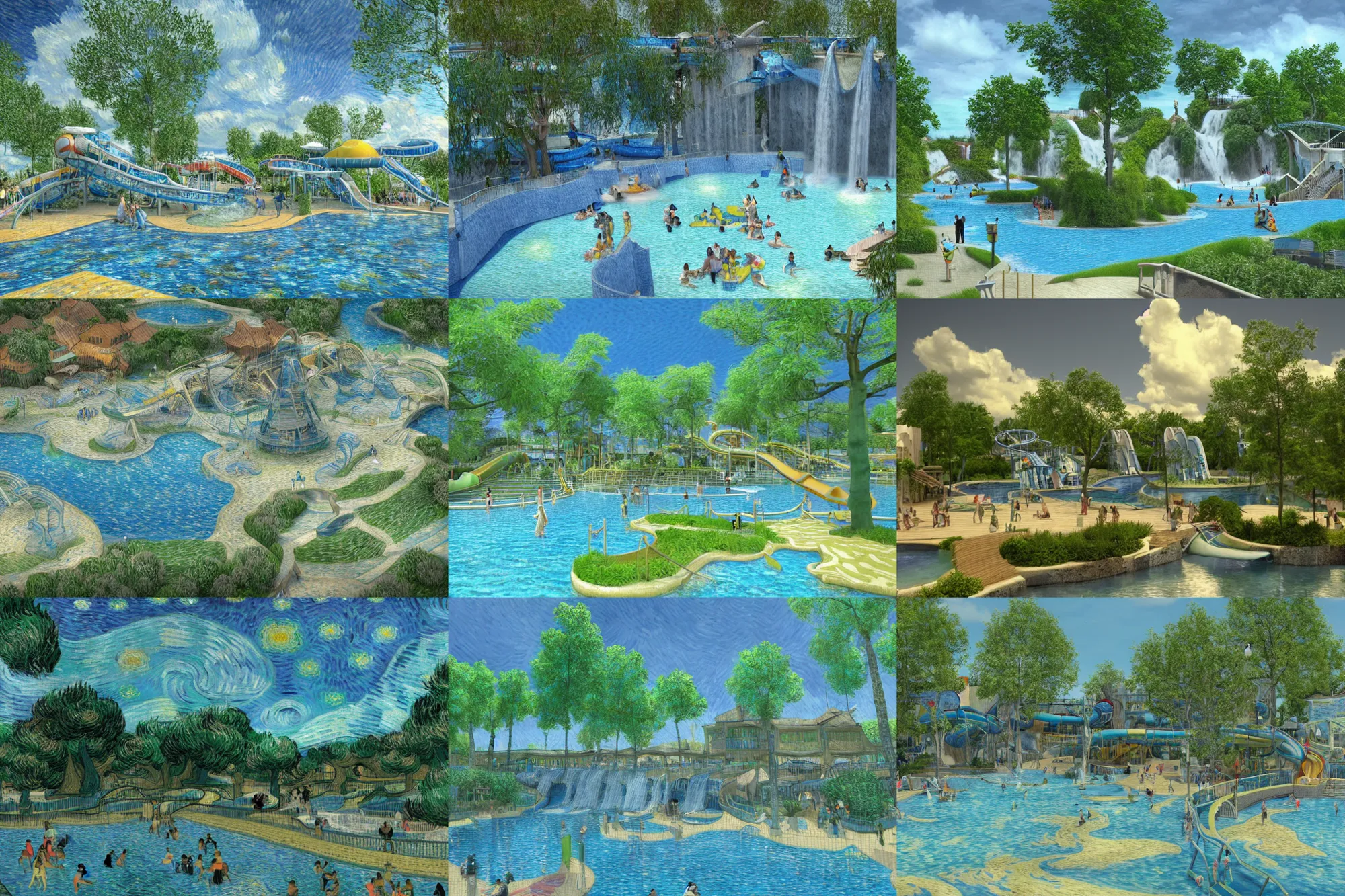 Prompt: 3 d render of a waterpark designed by vincent van gogh, happy scene, ethereal and dreamlike, waterfalls, magnificent structures, 4 k detail