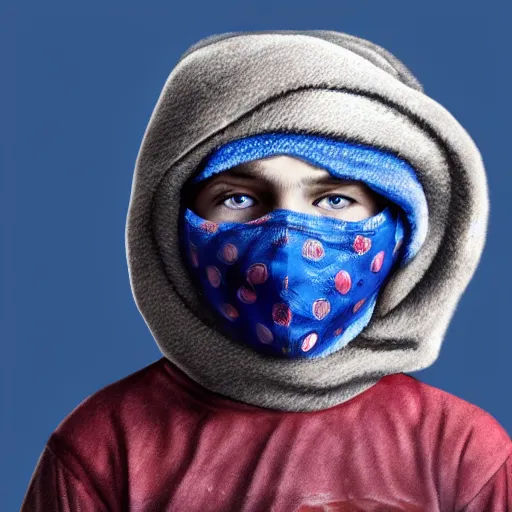 Prompt: a detailed portrait of a boy wearing a balaclava mask, blue eyes, art illustration, incredibly highly detailed and realistic, 8 k, sharp focus