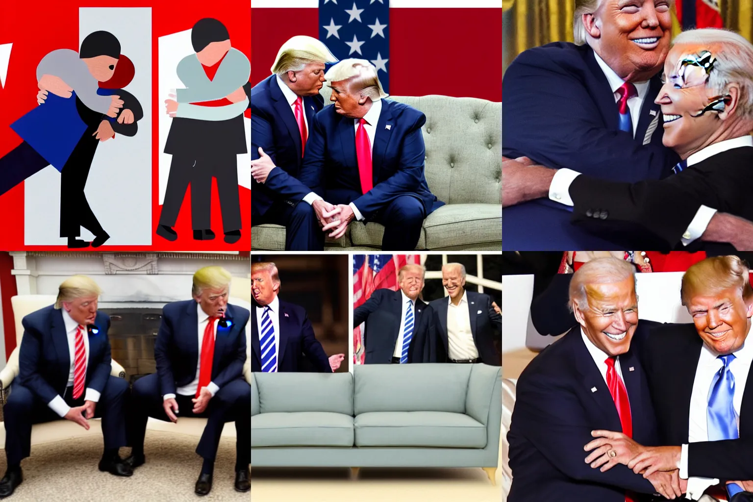 Prompt: trump and biden hugging eachother in a sofa