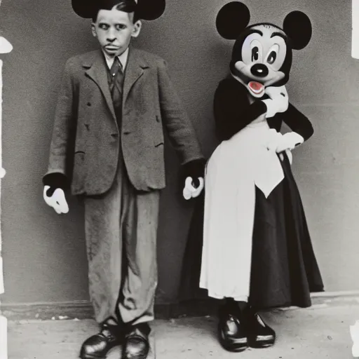 Image similar to depression - era photograph of mickey mouse and minnie mouse in the style of dorothea lange