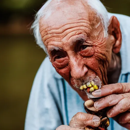 Image similar to an elderly man eating a giant bug, canon eos r 3, f / 1. 4, iso 2 0 0, 1 / 1 6 0 s, 8 k, raw, unedited, symmetrical balance, in - frame