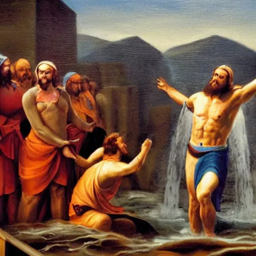 Prompt: epic painting of moses parting the waters of the municipal swimming pool!!!