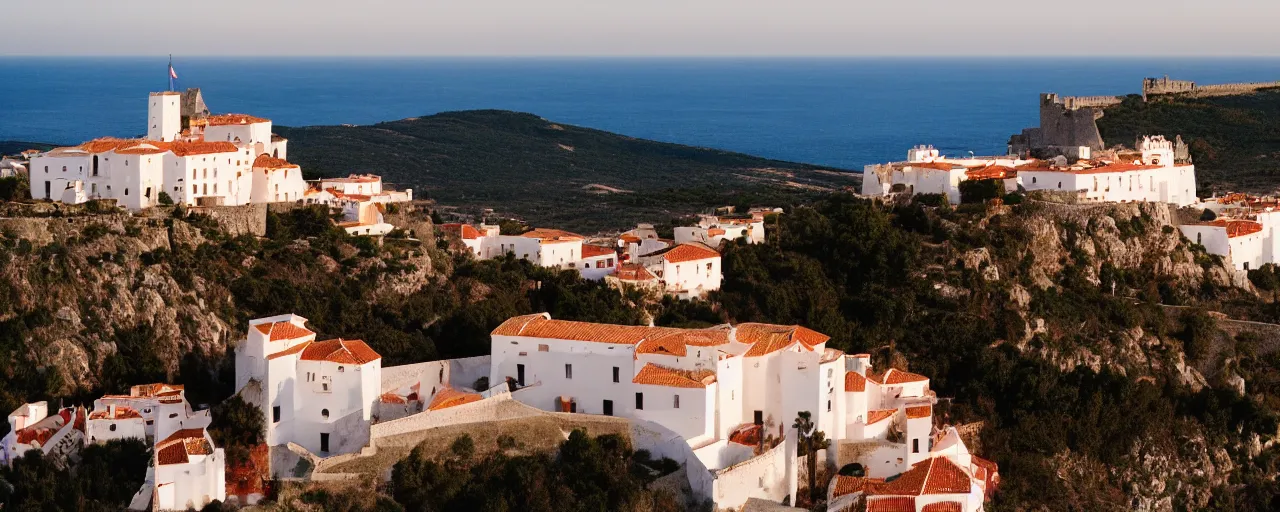 Image similar to 35mm photo of the Spanish castle of Salobrena on the top of a large rocky hill overlooking a white Mediterranean town, white buildings with red roofs, ocean and sky by Gregory Crewdson