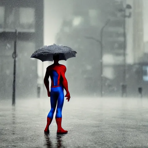 Image similar to Spiderman standing under rain with,mellow , dramatic, sad ambience. Heroic scene , 4k