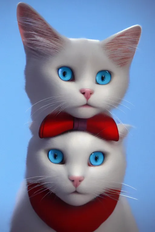 Image similar to a white cat with blue eyes wearing a red formal overcoat, hyperrealistic, concept art, octane render, unreal engine 5, realistic and defined face, profile picture, digital art, pixar and disney style, symmetrical, high quality, highly detailed, high coherence, path traced, house background, low contrast, beautiful, elegant clothes