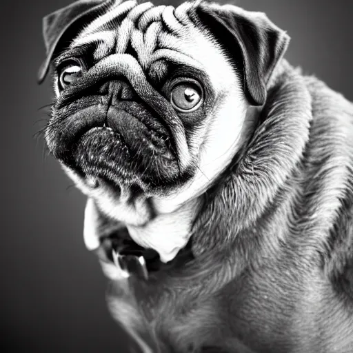 Prompt: portrait of a pug as a mad scientist, dark background, studio light, hdr, nikon 2 4 mm f / 1. 8 g, by sebastiao salgado