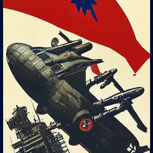 Image similar to soviet spaceship in the style of norman rockwell, world war 2, wwii, propaganda poster, sci - fi illustrations, highly detailed, award - winning, patriotic, soviet, ussr, dark, gritty, ink