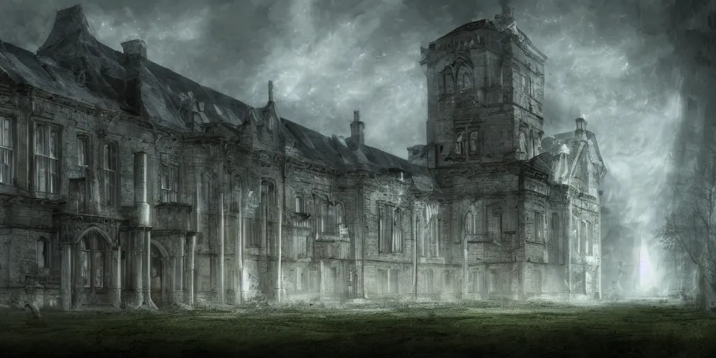 Image similar to Lunatic Asylum, majestic, mysterious, epic scenery, dark fantasy, concept art, wide angle